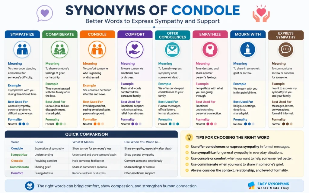 Infographic showing synonyms of condole including sympathize, commiserate, console, comfort, offer condolences, and their meanings, examples, and usage differences.