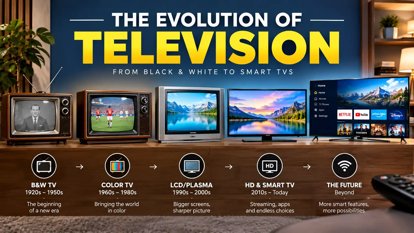 Evolution of television from black-and-white TVs to modern smart TVs.