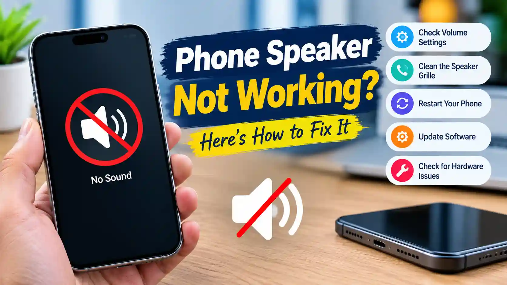 Phone speaker not working fix with a muted smartphone, volume settings, speaker cleaning, and troubleshooting tips.